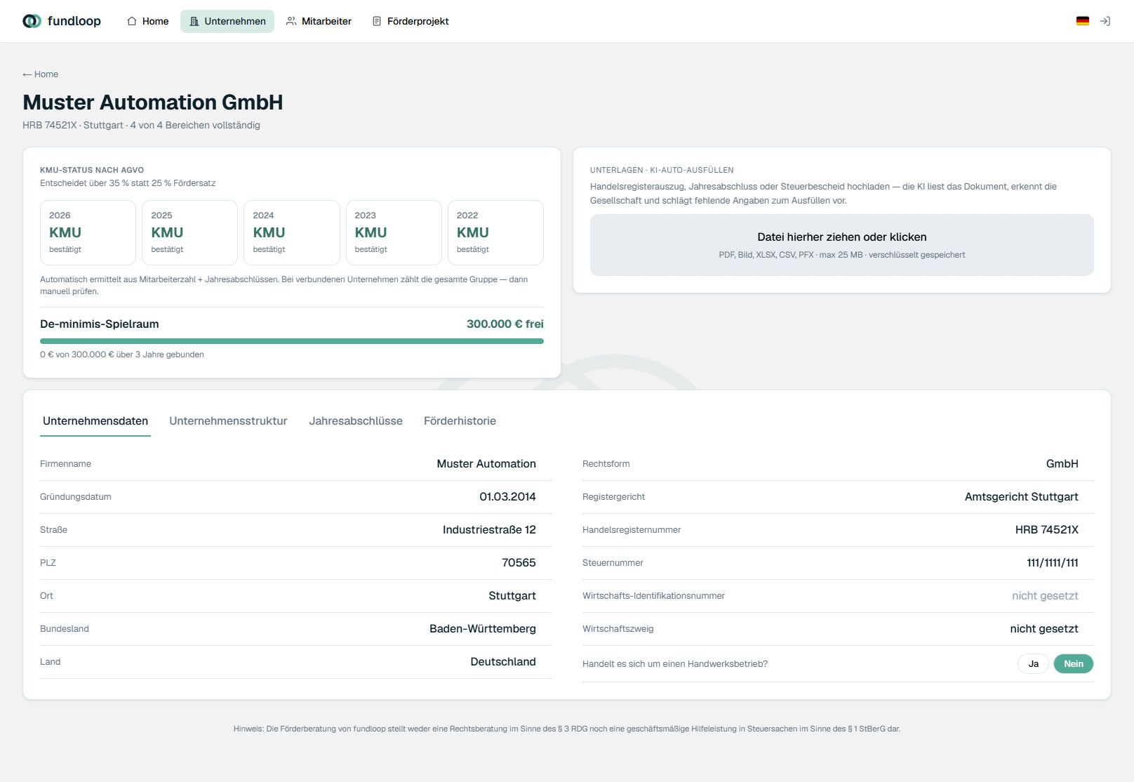 fundloop-Portal – Unternehmensansicht mit KMU-Status, De-minimis-Spielraum und Jahresabschlüssen