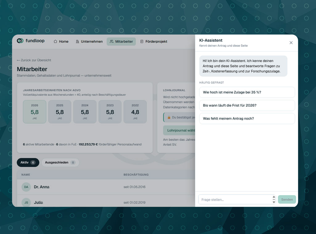 fundloop-Portal – ausgelesene Rechnungsdaten neben dem Originalbeleg zur Bestätigung