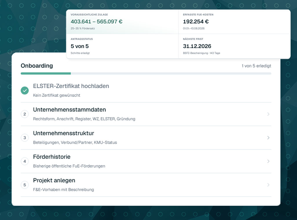 fundloop-Portal – geführtes Onboarding vom Unternehmensprofil bis zum ersten Vorhaben