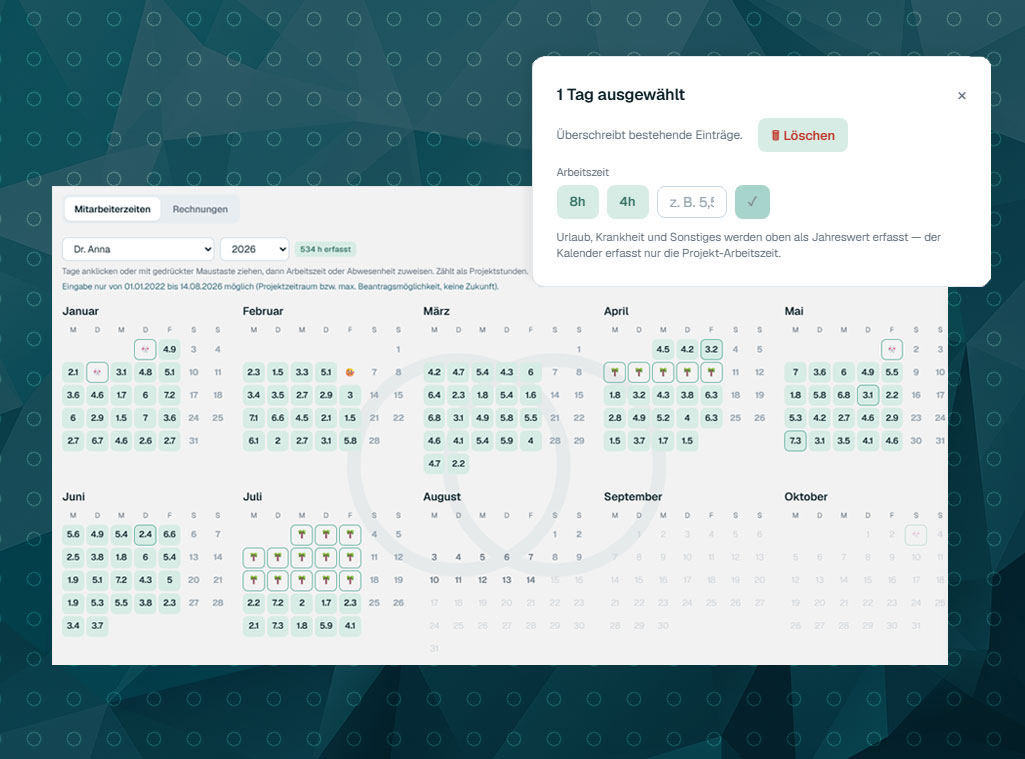 fundloop-Portal – Kalender-Zeiterfassung der Projektstunden je Mitarbeiter